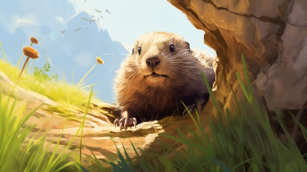 Photo ground hog marmotta comes out from hole groundhog day