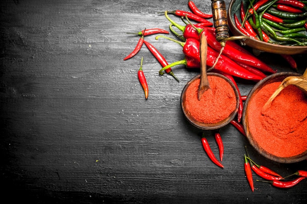 Ground hot peppers in a wooden bowl.