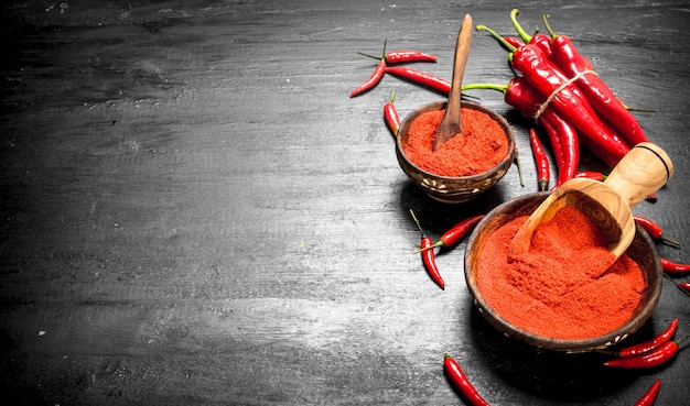 Ground hot peppers in a wooden bowl.