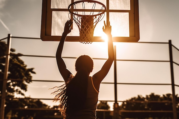 晴れた日に運動場でフープにボールを投げる匿名の女子バスケットボール選手の地上の背面図