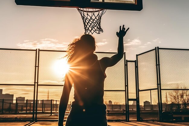 Ground level back view of anonymous female basketball player throwing ball in hoop on sports ground on sunny day