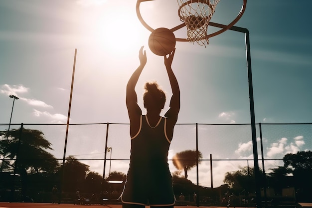 Ground level back view of anonymous female basketball player throwing ball in hoop on sports ground on sunny day