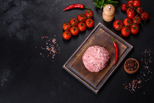 Ground meat with ingredients for cooking on black background