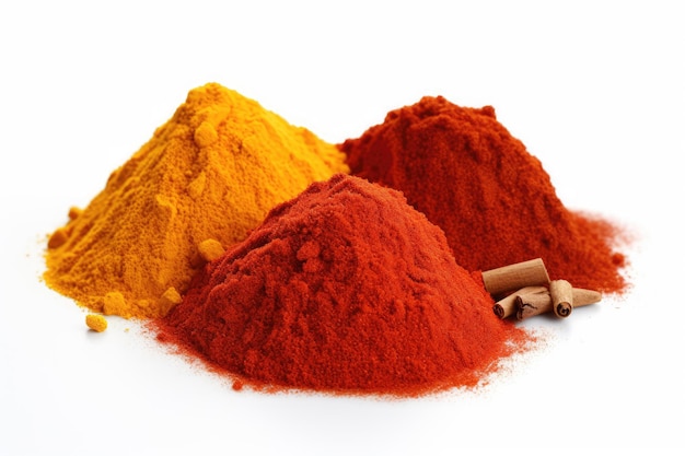 Ground paprika curry and cinnamon on a white background