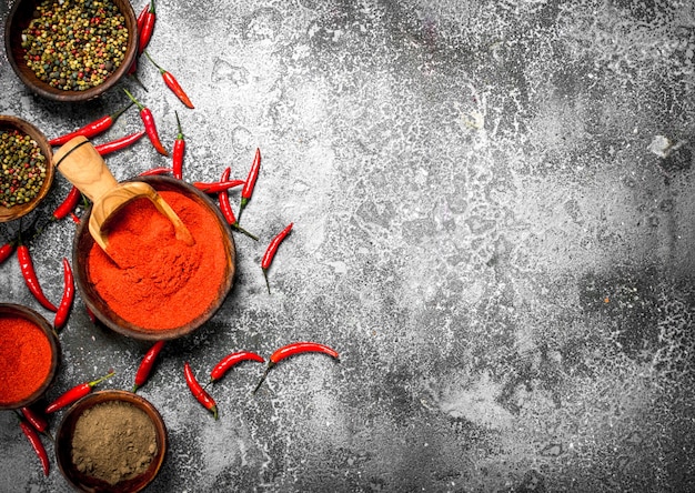 Ground red hot chili peppers in a bowl