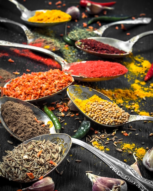 Ground spices and herbs in spoons. 