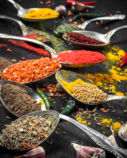 Ground spices and herbs in spoons.