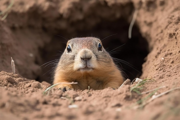 A ground squirrel peeking out of its burrow