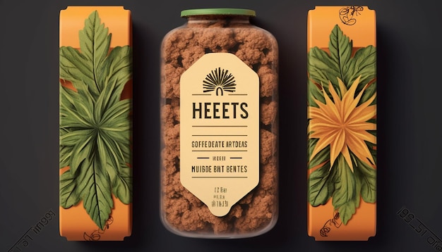 Photo ground vegan meat packaging label design using herbs and leaves