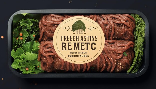 Foto design dell'etichetta per l'imballaggio di carne vegana macinata utilizzando erbe e foglie