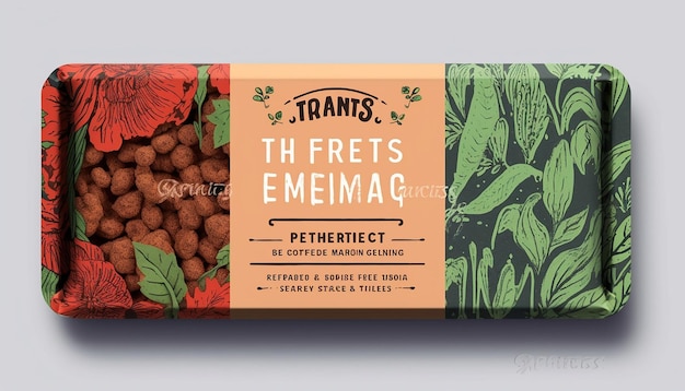 Photo ground vegan meat packaging label design using herbs and leaves