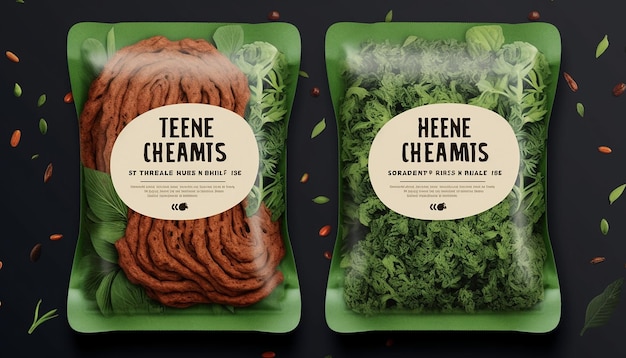 Photo ground vegan meat packaging label design using herbs and leaves