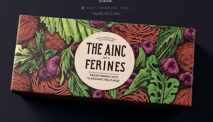 Photo ground vegan meat packaging label design using herbs and leaves