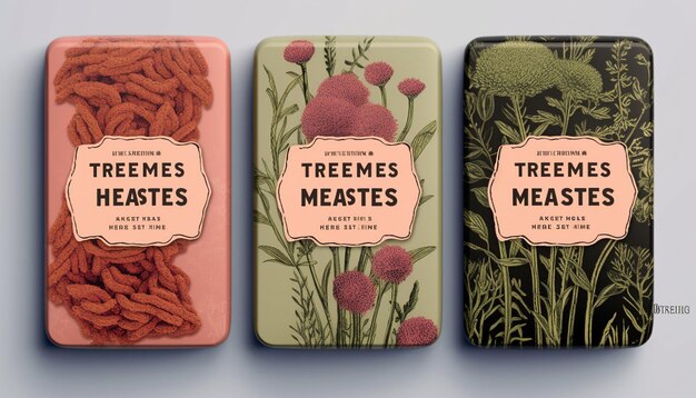 Photo ground vegan meat packaging label design using herbs and leaves