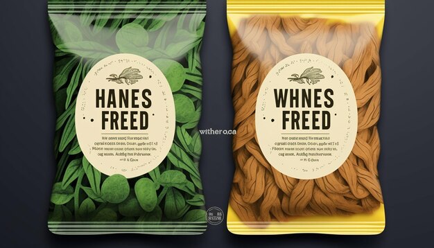 Photo ground vegan meat packaging label design using herbs and leaves