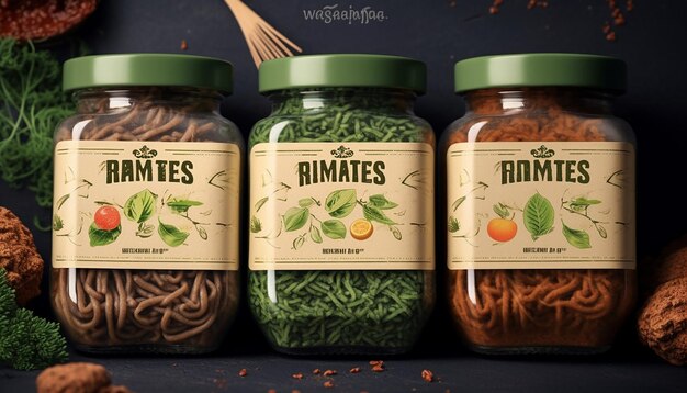 Photo ground vegan meat packaging label design using herbs and leaves