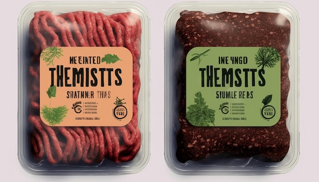 Photo ground vegan meat packaging label design using herbs and leaves