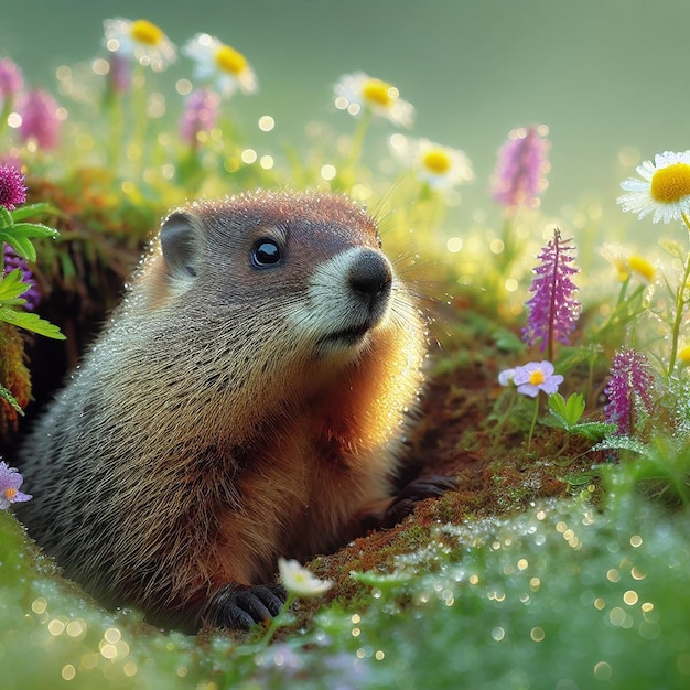 Photo groundhog on blooming meadow european suslik spermophilus citellus wildlife animal in the forset