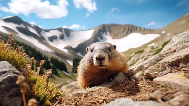 Photo groundhog coming out of its burrow