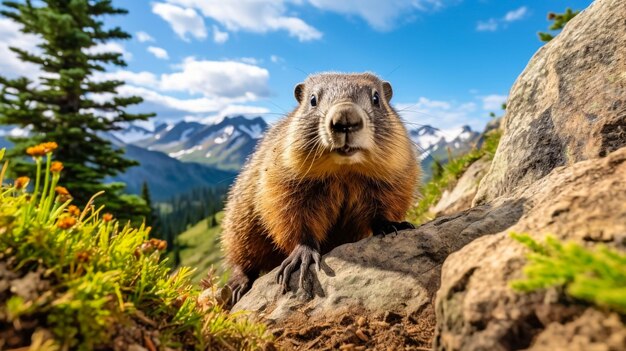 Photo groundhog coming out of its burrow