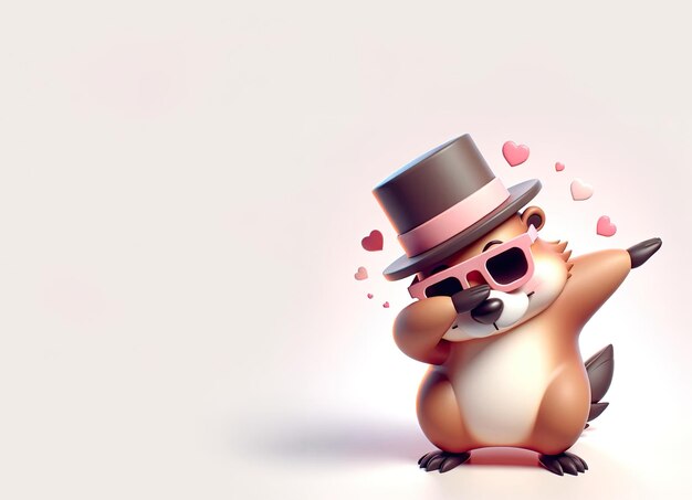 Groundhog a dabbing pose wearing a top hat and pink sunglasses 3D AI generated