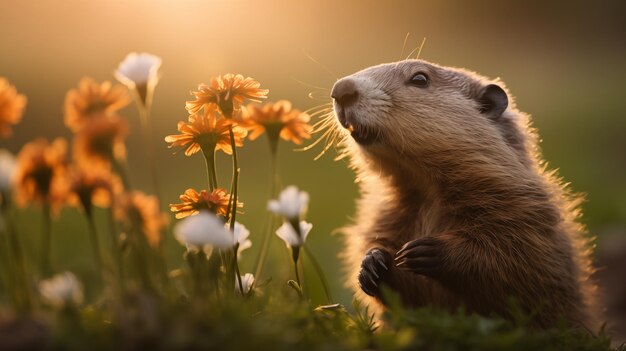 밝은 오렌지 봄 꽃 근처의 새벽에 Groundhog 그의 뒷 발에 서서 그림자를 찾고
