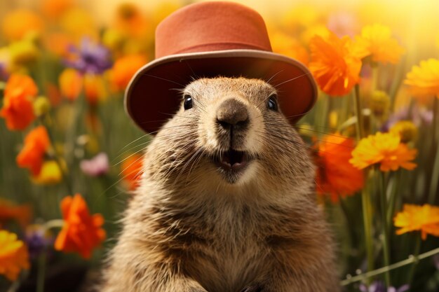 Groundhog Day 2 februari Punxsutawney Phil hoed gelukkige en glimlachende folklore bijgeloof weersvoorspelling symbool van anticipatie voor het veranderen van seizoenen banner groet kaart kopie ruimte