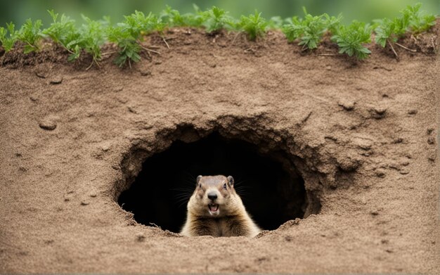 Groundhog Day Coming out of a hole in the Groundhog smilling Space for text Generative AI