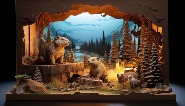 Foto groundhog day gelaagde papierkunst diorama