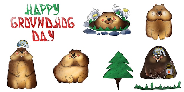 Photo groundhog day illustration set