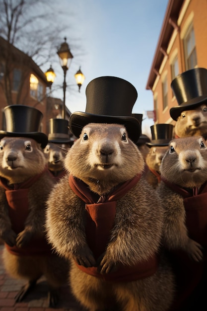 a Groundhog Day morning scene in a town square