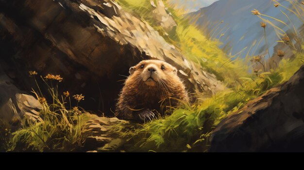 groundhog dayground hog marmotta with grassy background