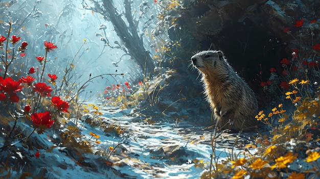 Groundhog Emerging from a Snow Covered Den Marmot dag close-up portret