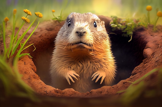 A groundhog in a hole with a yellow flower in the background