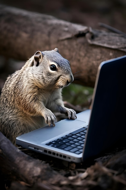 Groundhog in het bos werkt op een laptop groundhog day antropomorfe marmot buiten werkruimte
