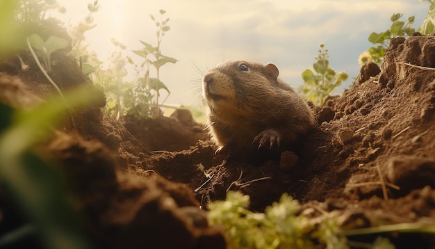 Photo a groundhog is busy digging a hole