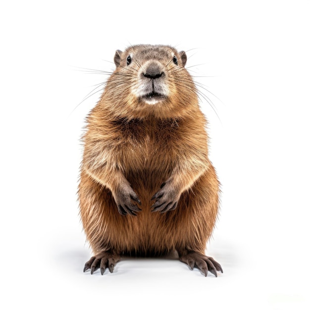 A groundhog is standing on its hind legs and has a white background.