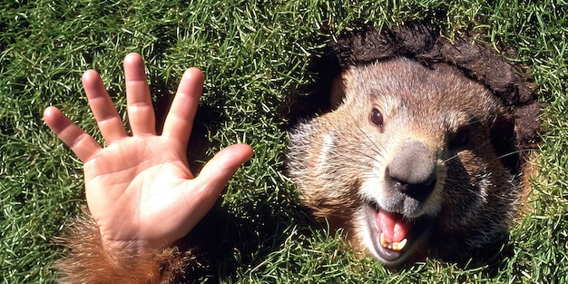 그라운드모그 (Groundhog) 는 구에서 바라보고, 인간 손은 지하에서 손을 흔들고, 근처의 이벤트인 그라운드모크 데이 (Ground hog Day) 가 열립니다.