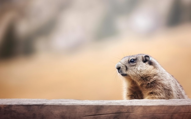 A groundhog looks out of a wooden fence.