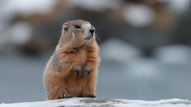 A groundhog perched on its hind legs sniffing the air for signs of danger before scurrying back i