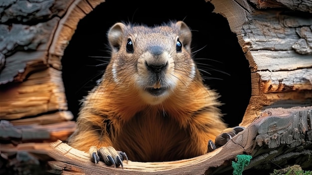 A groundhog poking its head out of a hollow log its nose twitching with excitement as it explores