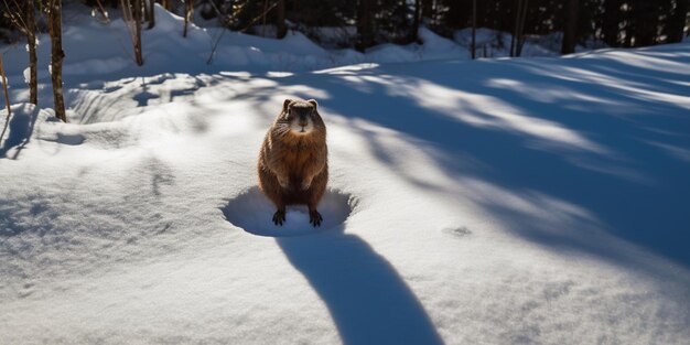 Groundhog in the winter forest