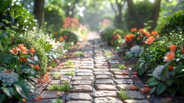 Photo groundlevel view reveals a lifelike brick texture creating an inviting pathway that beckons
