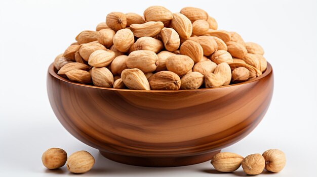 Groundnut on a wooden bowl isolated on white background