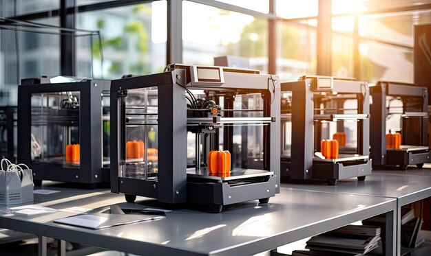 A group of 3d printers sitting on top of a table