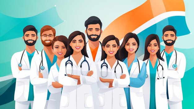 Группа из четырех индийско-азиатских врачей-хирургов, стоящих в изоляции на белом фоне, селективная фокус
