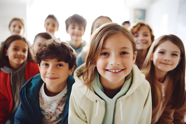 group of 7 years old age boys and girl kids with backpack smile excited back to school