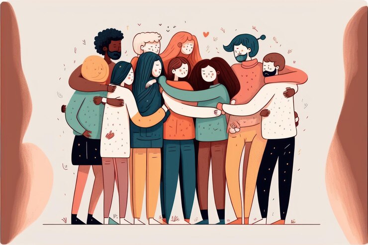 Photo group of abstract funny disproportionate people beautiful colorful illustration vector style generative ai