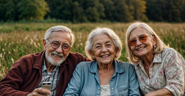 Group of active elderly people travel and take selfies smiling happily at the camera