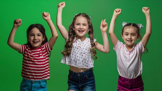 Group of active kids cheerful girls dancing isolated over green background in neon light